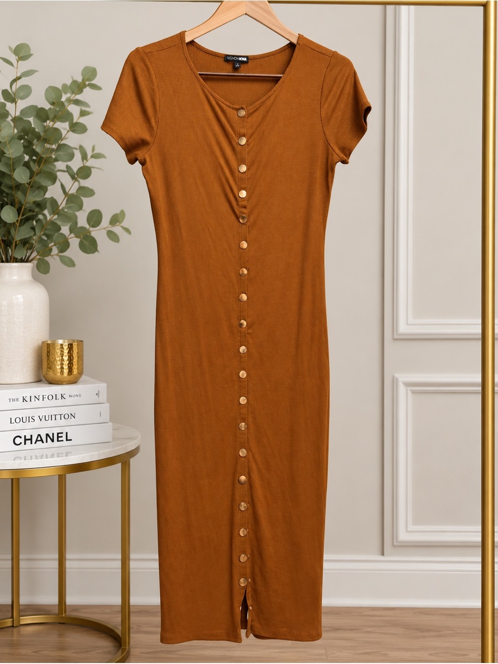 Fashion Nova Button-Front Midi Dress - Rust Orange